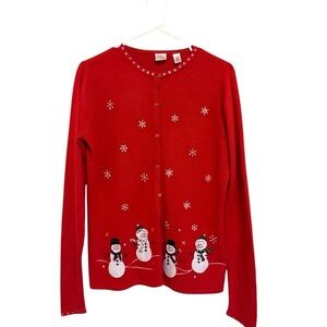 2/$30 Wish for Joy - Red Snowman Christmas Holiday Cardigan Sweater Winter Top